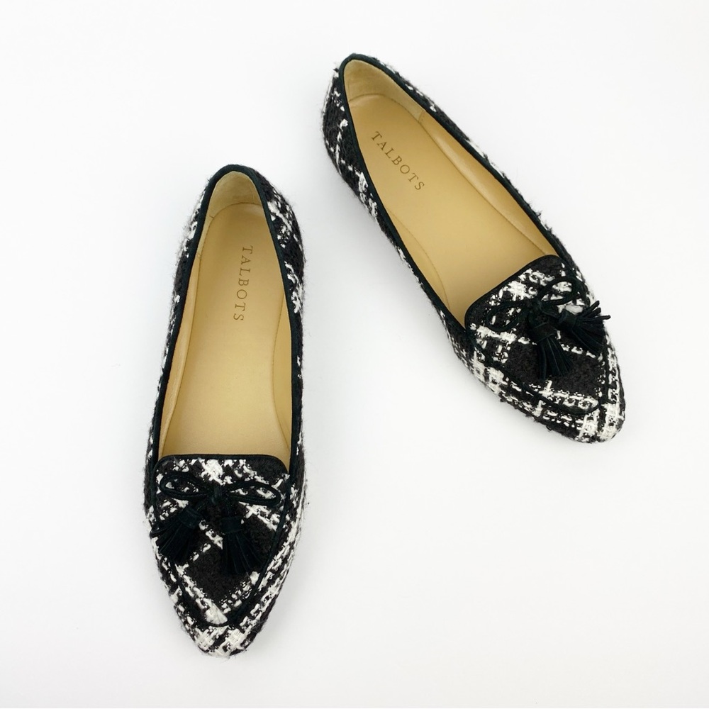 Talbots Loafers Size 8 WIDE Francesca Tassel Driving Moccasins Plaid Tweed